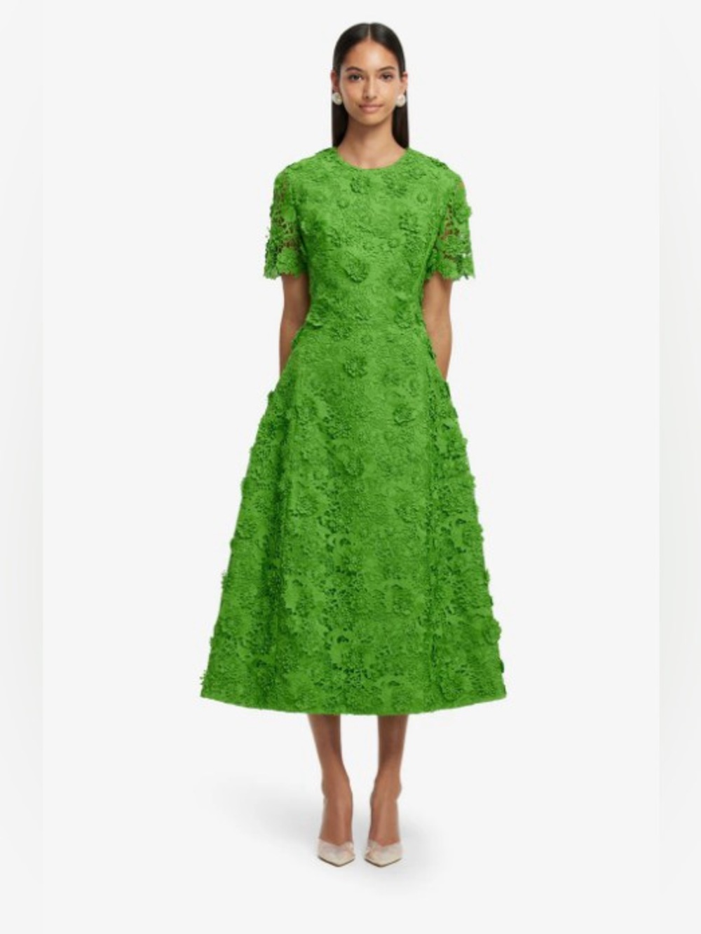 Leo Lin Caroline Green Lace Floral Applique Short Sleeve Midi Dress AU8/US4 NWOT
